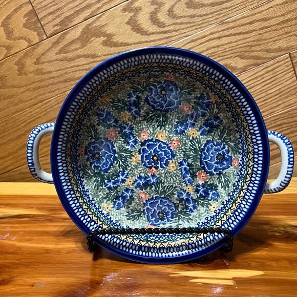 Polish Pottery UNIKAT Teresa Handled Bakeware Blue Floral Andrukiewicz 1757 - Picture 10 of 11